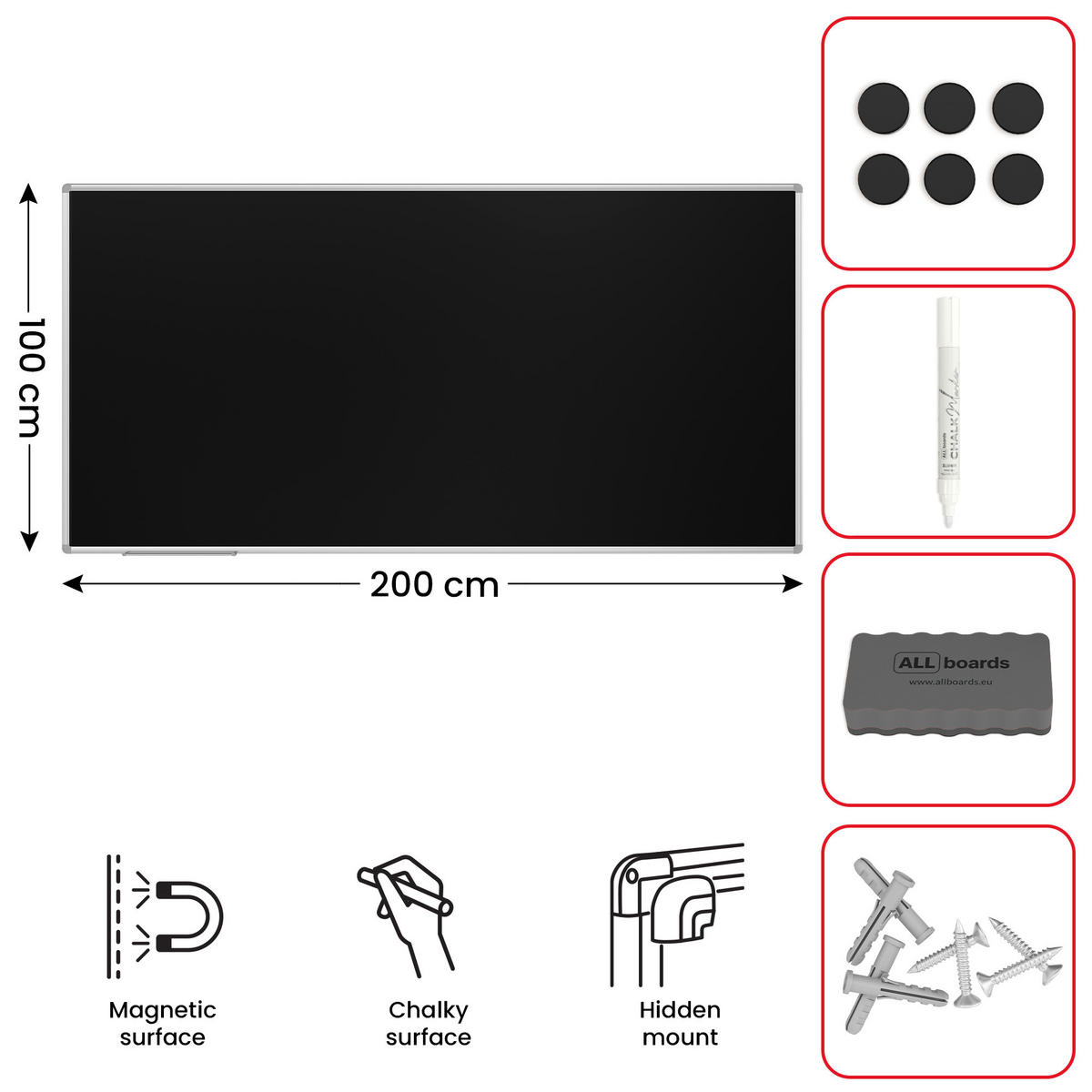 KREIDETAFEL Schwarze magnetische mit Alurahmen Premium EXPO 200x100cm - Schwarz, Metall (200/100/1.6cm) - ALLboards