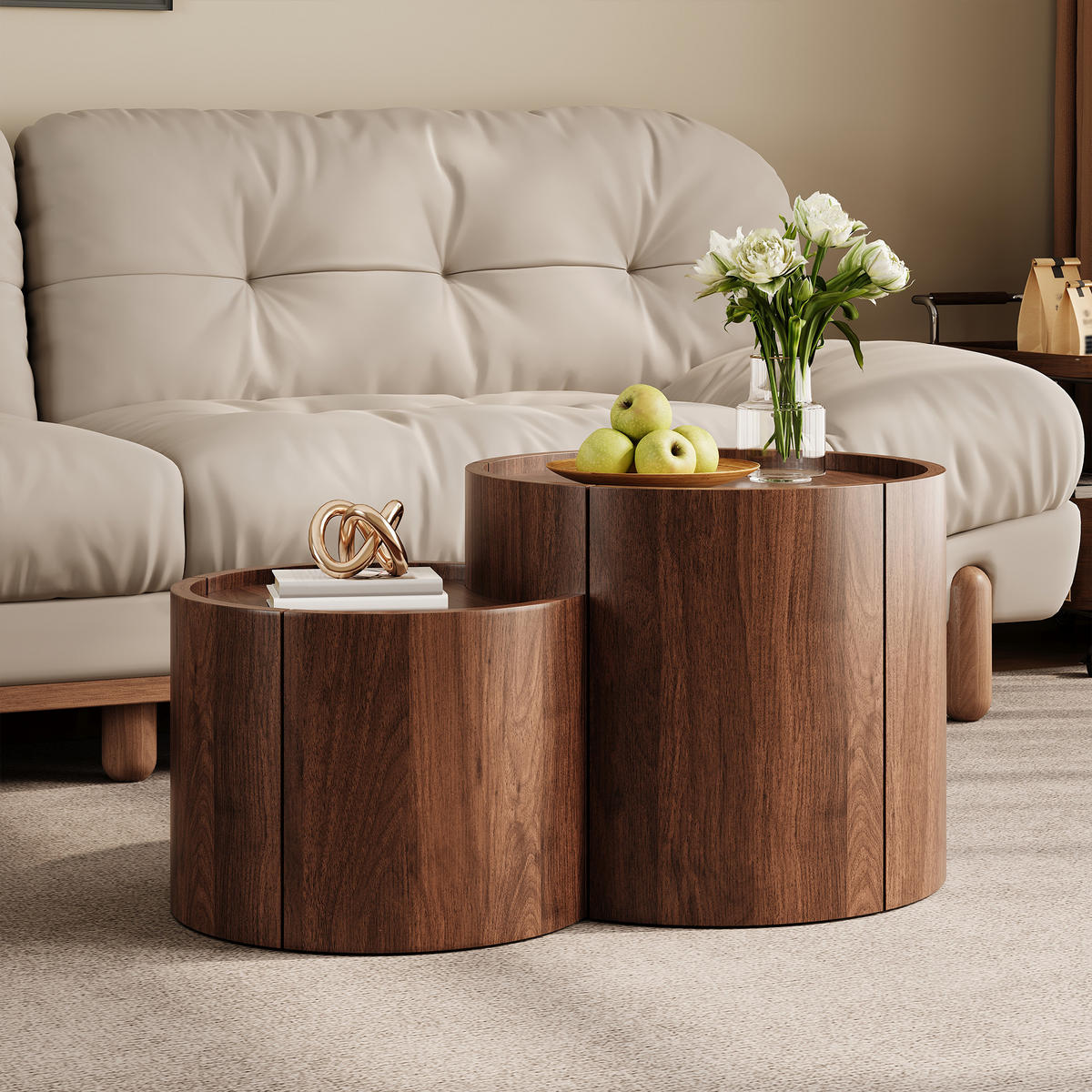 COUCHTISCH mit Stauraum, Schubladen, geschwungenen Türen - Walnussfarben, Holzwerkstoff (47.5/77.5/40cm) - FLIEKS