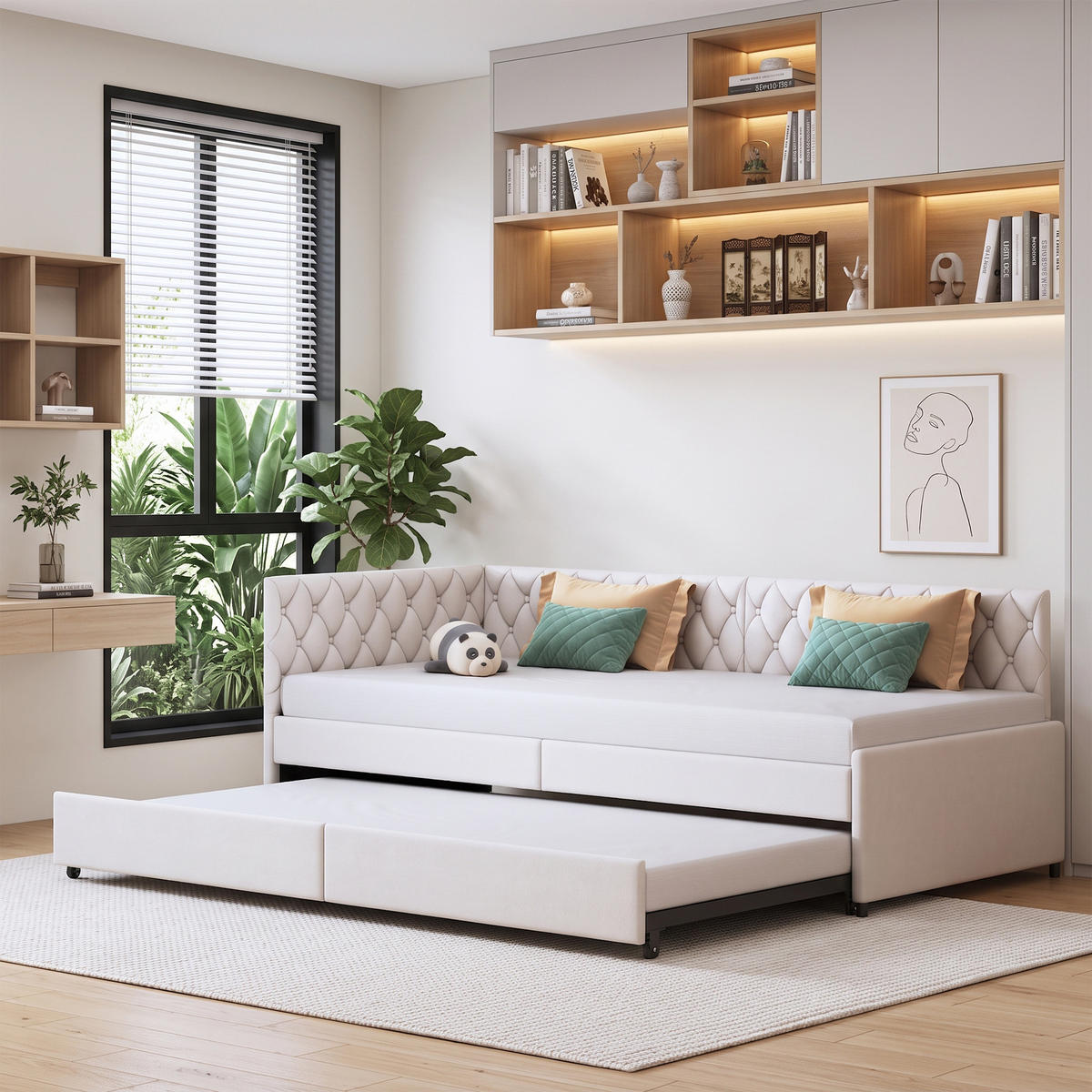 SCHLAFSOFA 2 sitzer, ausziehbar zum Bett 90/180x200, mit Lattenrost, Samt Beige, für das Wohnzimmer - Beige, Holz/Textil (96/70/205cm) - GENKI LIVING