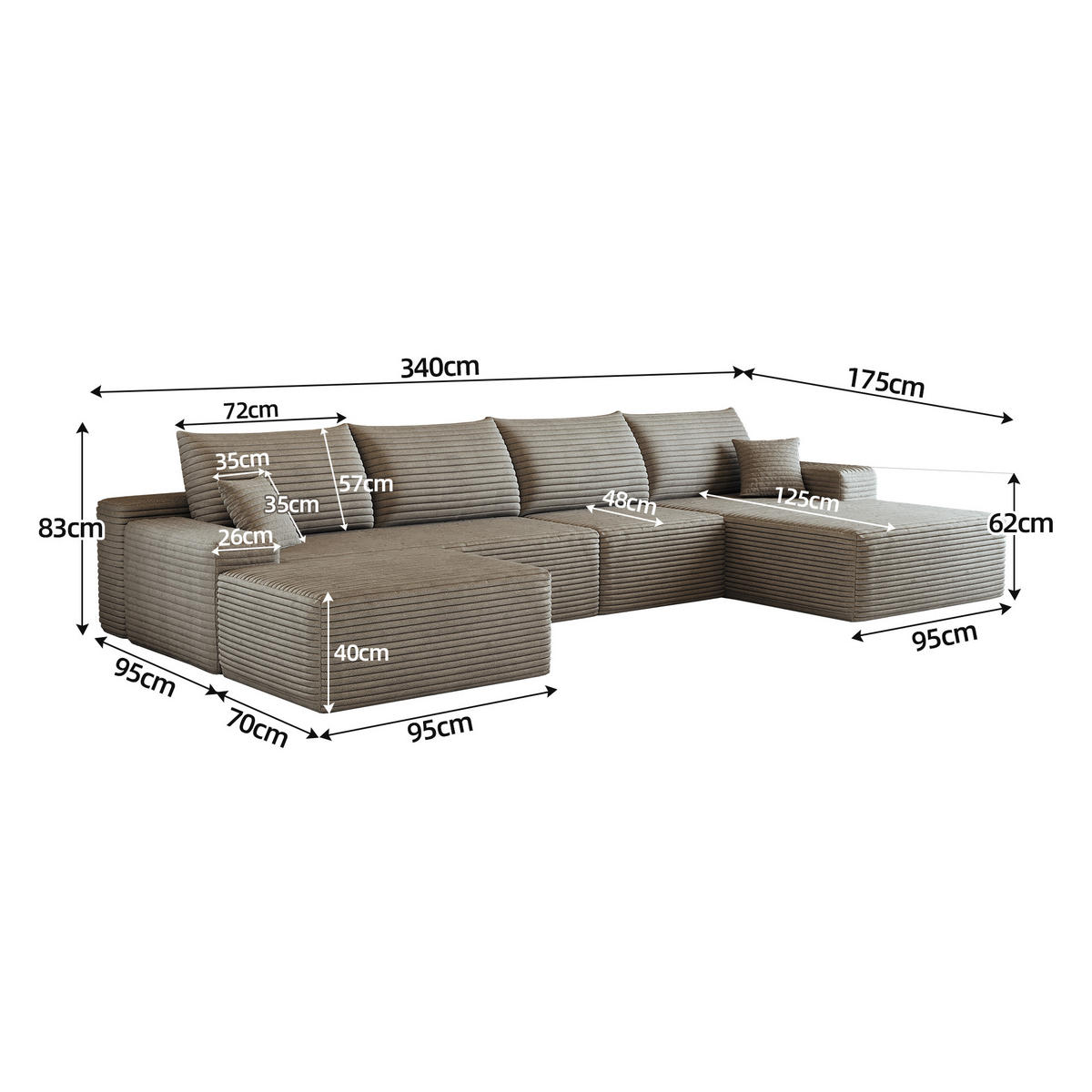 WOHNLANDSCHAFT DE-34857 U-Form 3-Sitzer Chaiselongue rechts Camel - Sandfarben, Textil (175/83/270cm) - ComfortXL