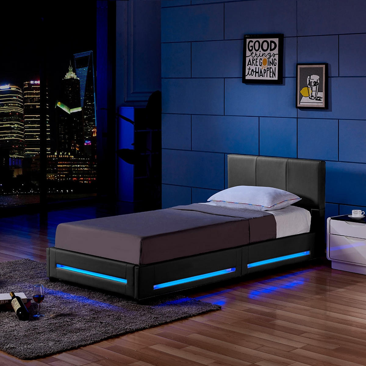 LED BETT ASTEROID - Dunkelgrau, 90 x 200 cm - Dunkelgrau, Kunststoff - Home Deluxe