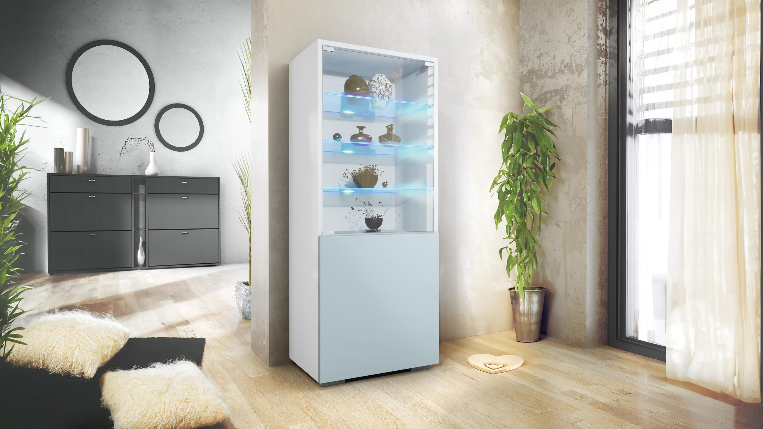VITRINE Granada Denim matt - Pastellblau, Holzwerkstoff (50/122.5/34.5cm) - Vladon