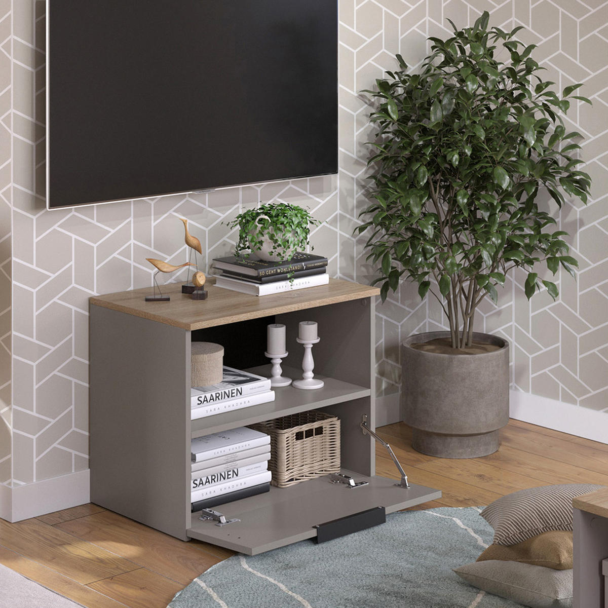 KOMMODE Wido Greige 60 x 50 cm mit klappe - Greige/Sonoma Eiche, Holzwerkstoff (60/50/40cm) - Vicco