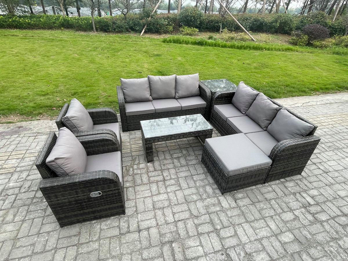 GARTENSOFA SET mit rechteckigem COUCHTISCH Polyrattan 9-Sitzer Dunkelgrau - Dunkelgrau/Grau, Glas/Kunststoff - Fimous