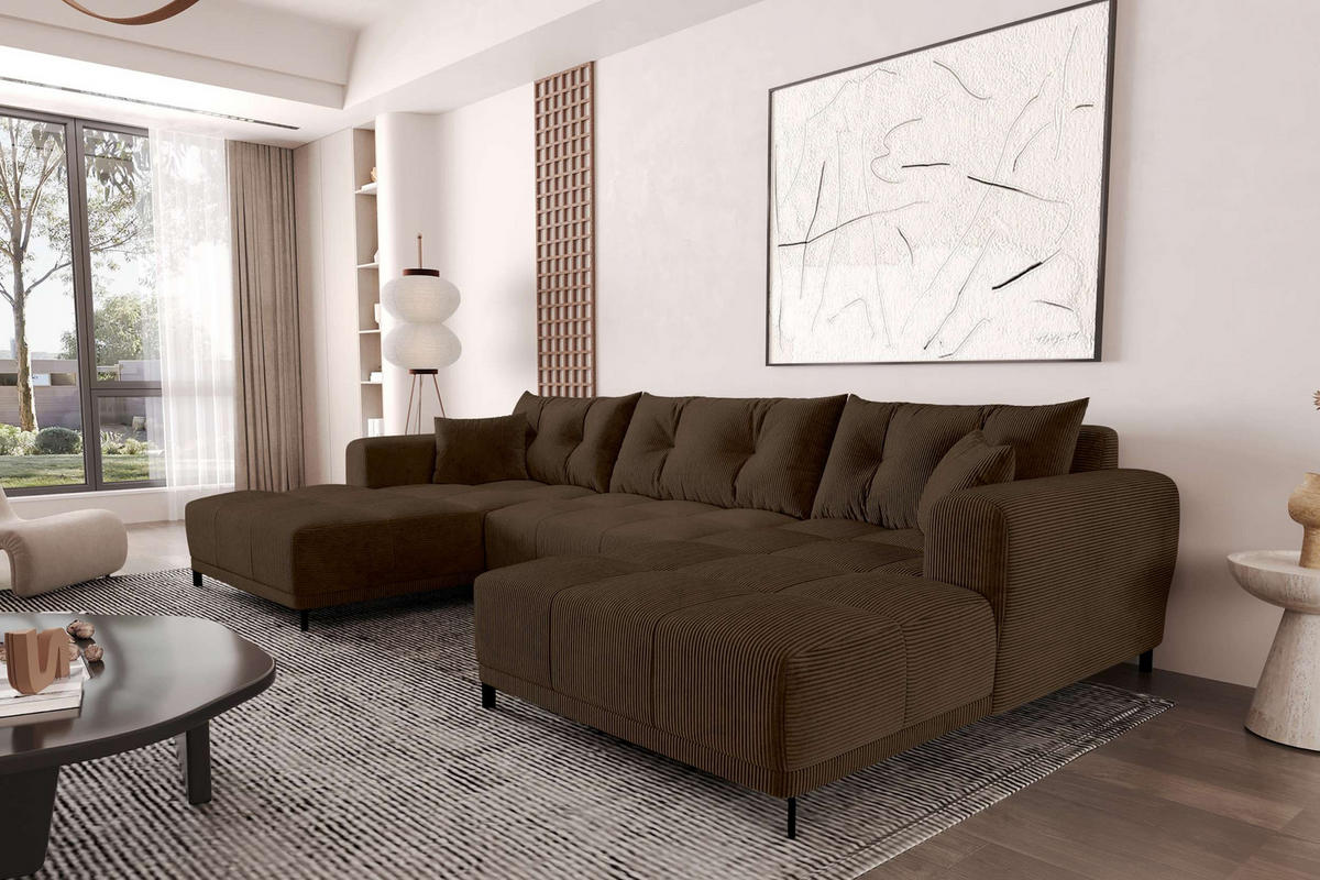 WOHNLANDSCHAFT Massimo Cordstoff Braun inkl. Schlaffunktion - Schwarz/Braun, Textil/Metall (356/94/181cm) - 99rooms