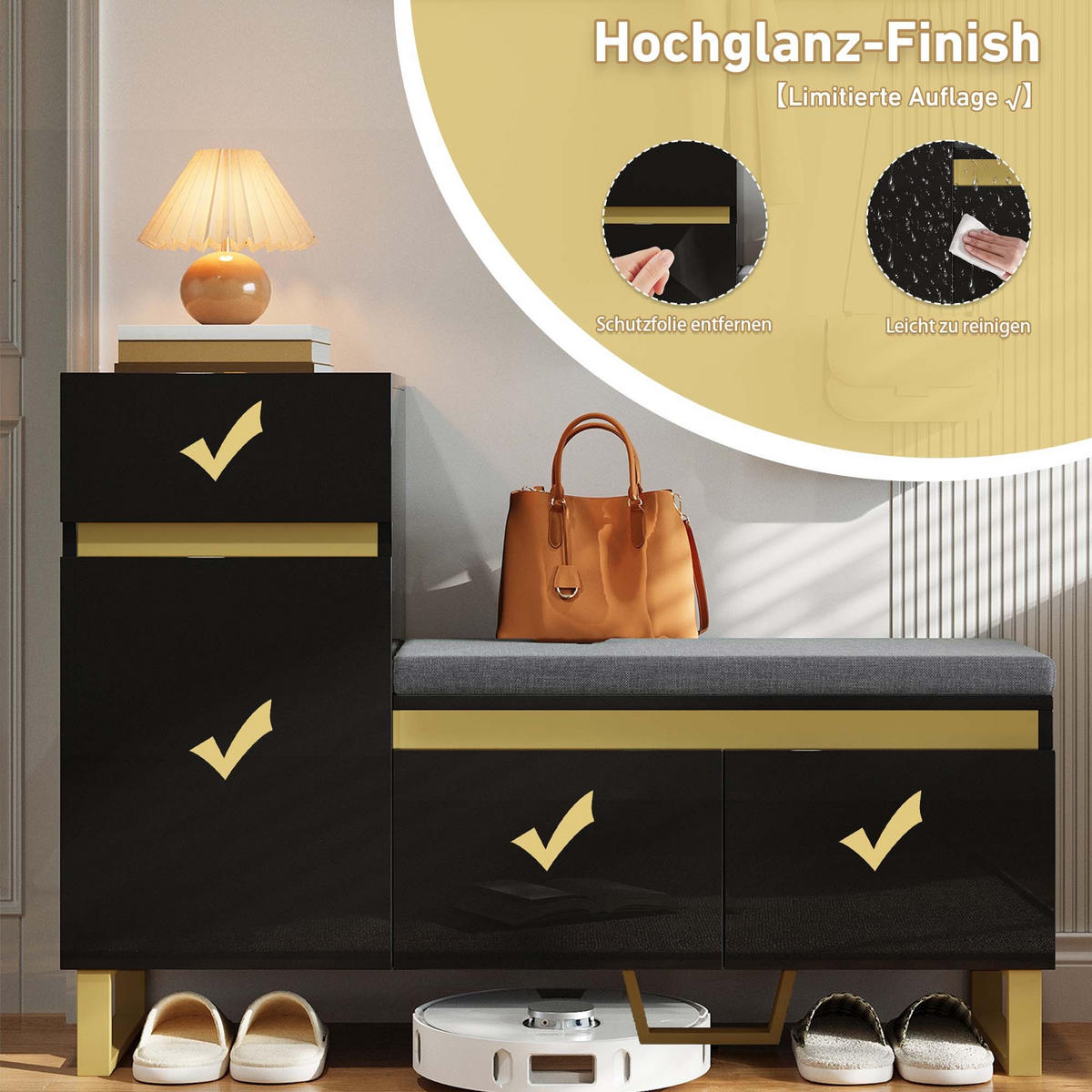SCHUHSCHRANK in Schwarz Schuhkommode mit großem Fassungsvermögen, mehrstöckigem Stauraum und Schubladen , B120/T35/H85cm - Goldfarben/Schwarz, Holzwerkstoff/Metall (120/80/35cm) - STILVORA