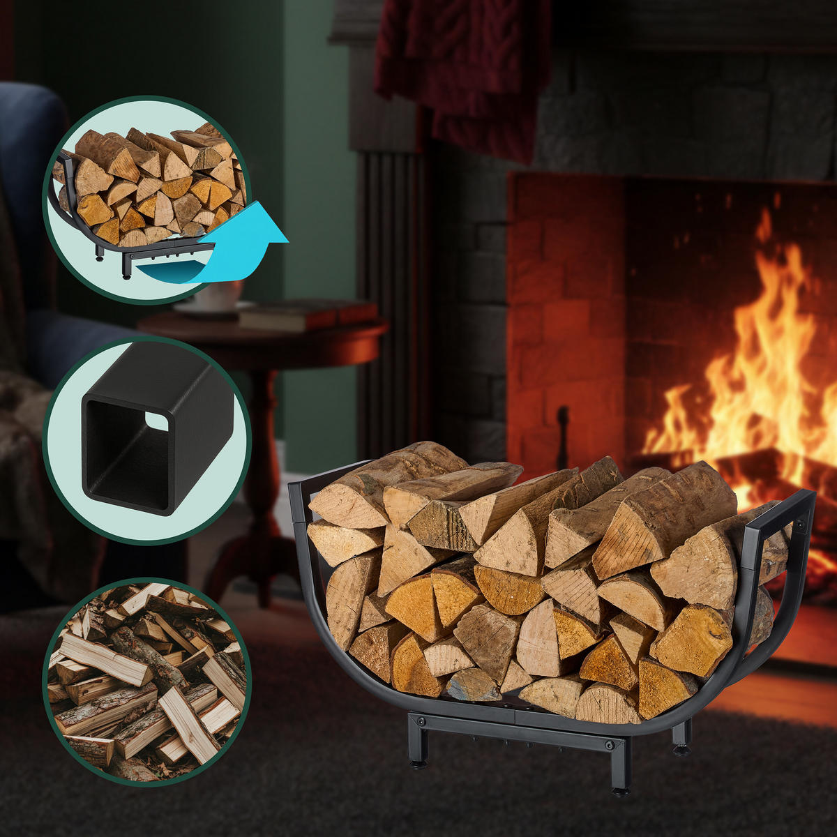 KAMINHOLZREGAL - Schwarz, Metall (65/35/21cm) - Relaxdays