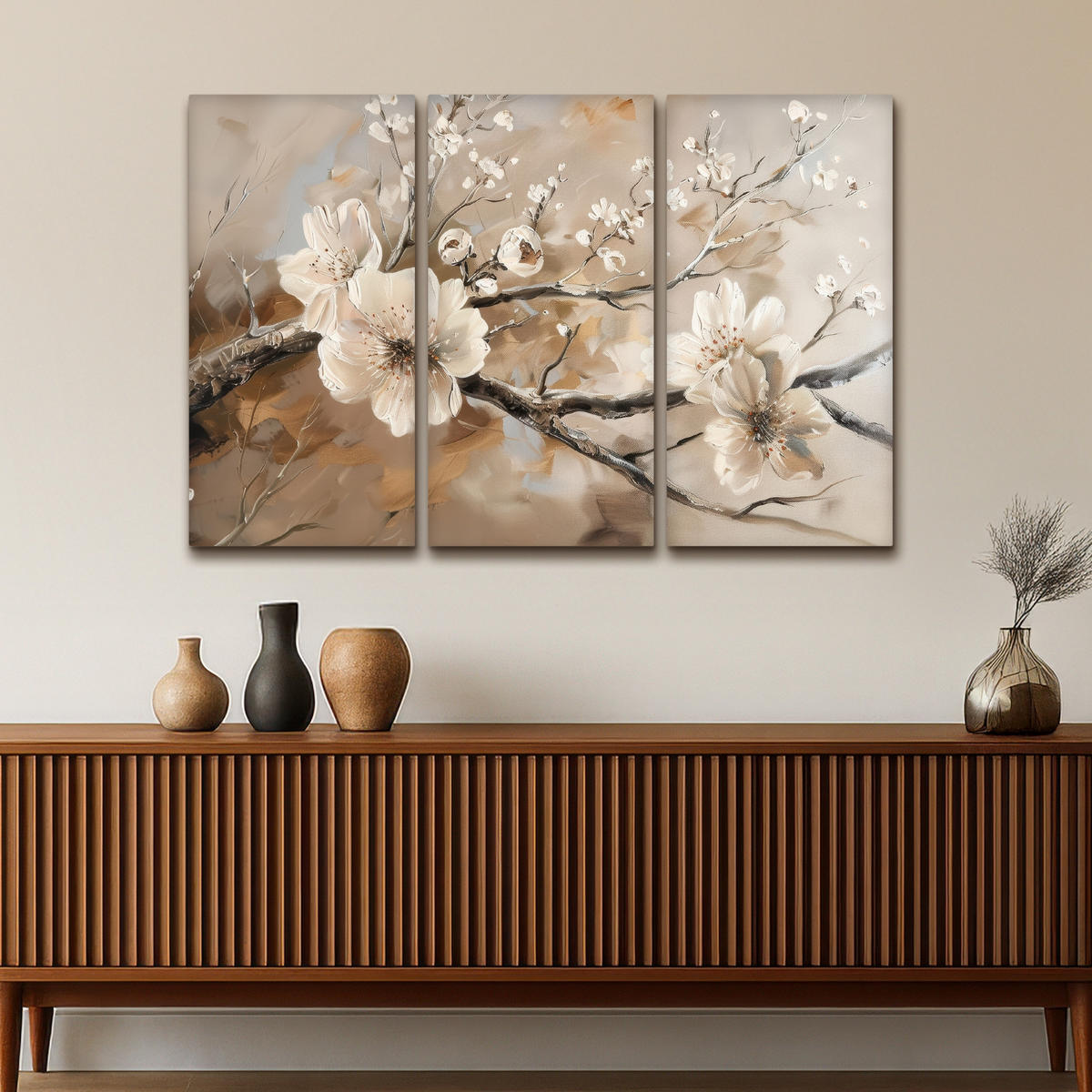 LEINWANDBILD 3er Set Blüte - Beige - Abstrakt - Blumen 120x80 cm - Hellbraun, Textil (120/80cm) - MuchoWow