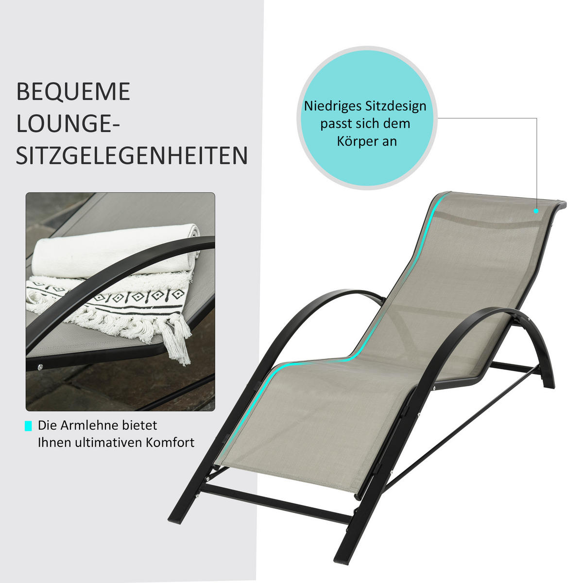 GARTENLIEGE DE-07664 3-tlg. Set mit Tisch, Metallrahmen, atmungsaktiv Grau - Grau, Metall (169/66/59cm) - ComfortXL