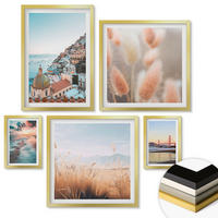WANDBILDER 5er Set - 50x50 cm & 20x30 cm & 40x60 cm Goldrahmen - Sonnenuntergang am Meer, Häuser, Blumen - Goldfarben, Kunststoff (40/60cm) - ArtPrintCave