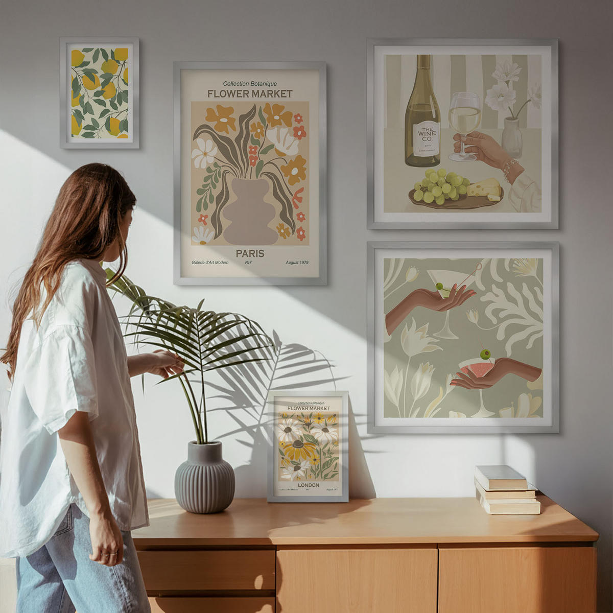 WANDBILDER 5er Set - 50x50 cm & 20x30 cm & 40x60 cm Silberner Rahmen - Blumenposter Paris Mailand - Silberfarben, Kunststoff (40/60cm) - ArtPrintCave