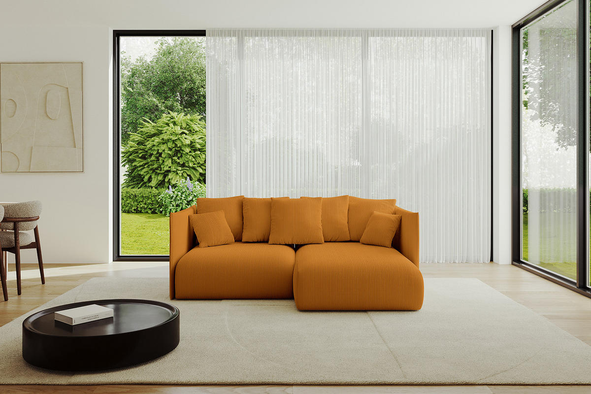 ECKSOFA mit Schlaffunktion und Bettkasten ONESK-L 208x165x40 Senfgelb Cord - Currygelb, Holzwerkstoff/Kunststoff (208/165cm) - ALTDECOR