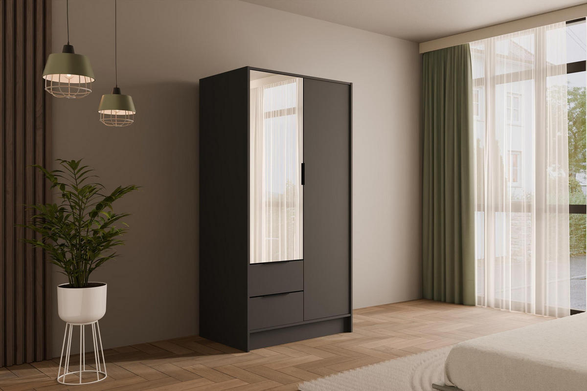 KLEIDERSCHRANK mit Spiegel und Flügeltüren KOLIN 100x200cm Graphit - Graphitfarben, Holzwerkstoff (102/200/51cm) - ALTDECOR