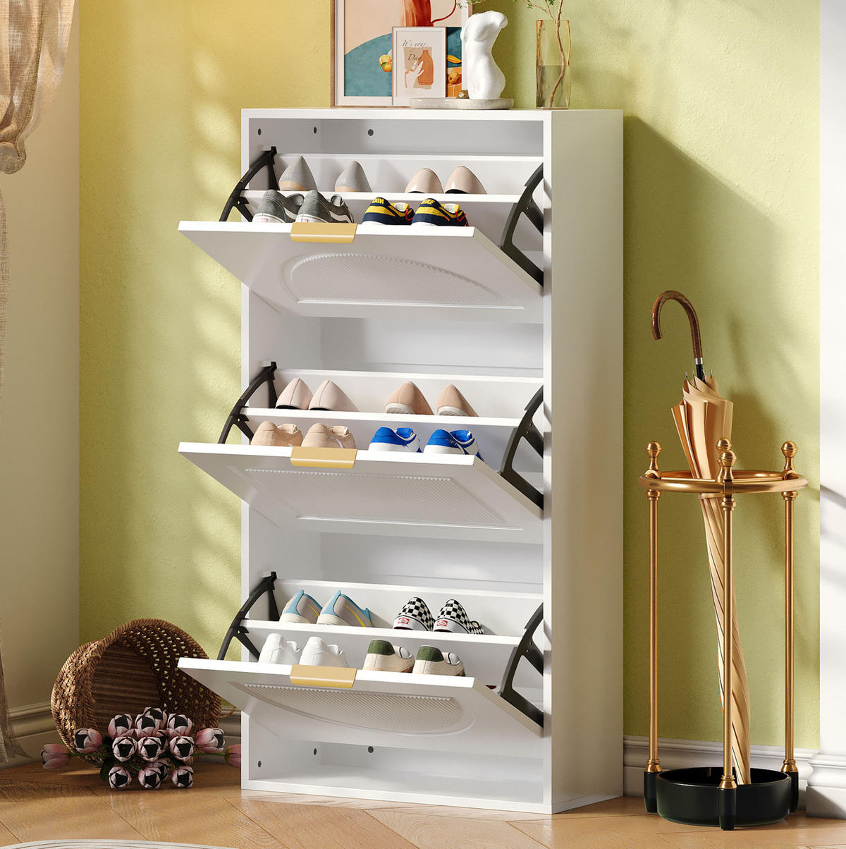 SCHUHSCHRANK 60/114/24 cm Weiß aus MDF und Spanplatte mit 3 Klappen - Weiß, Holzwerkstoff (60/114/24cm) - OKMYHOME