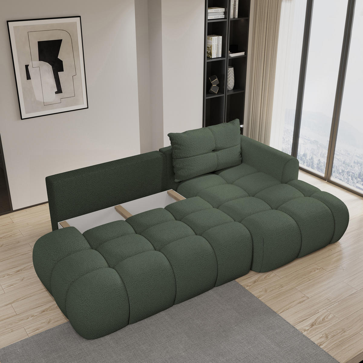 ECKSOFA FLUMA R-S Grün Boucle-Stoff mit Schlaffunktion - Grün, Holz (274/165cm) - MASSENO