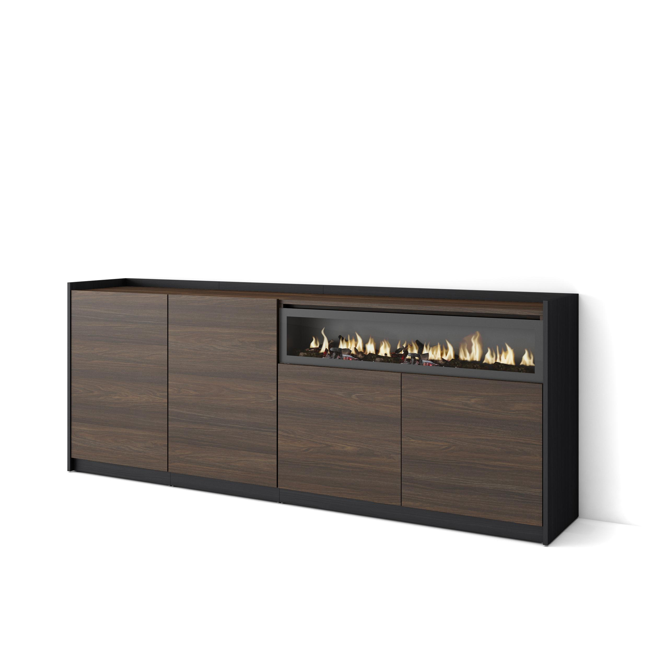 SIDEBOARD, Dunkler Eiche und Schwarz, Elektrokamin, 207/37/80cm - Dunkelbraun, Holzwerkstoff (207/80/37cm) - Skraut Home