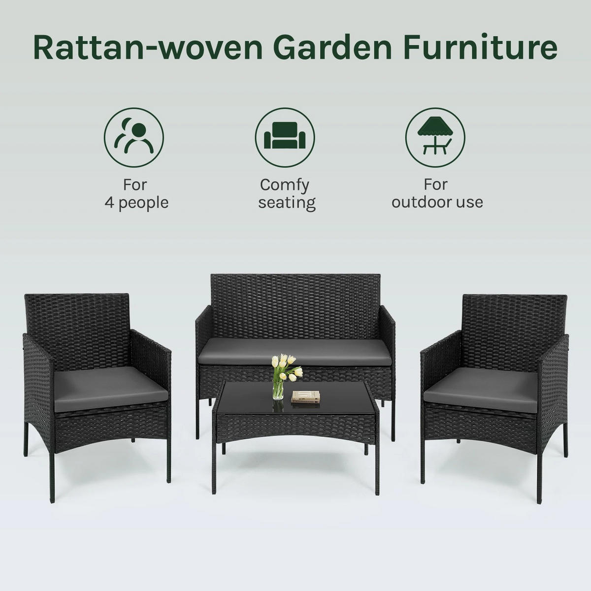 GARTEN LOUNGESET RattanStyle Schwarz 4-teilig mit Kissen - Schwarz, Metall - Kaket