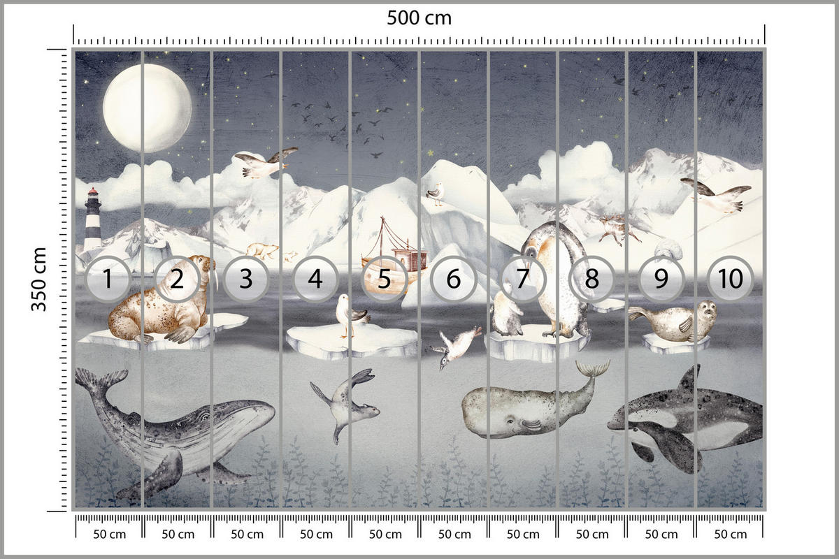 FOTOTAPETE für Kinderzimmer Arktische Tiere Pinguine Robben Mond Gebirge 500x350 - Orange/Weiß, Papier (500/350cm) - Muralo