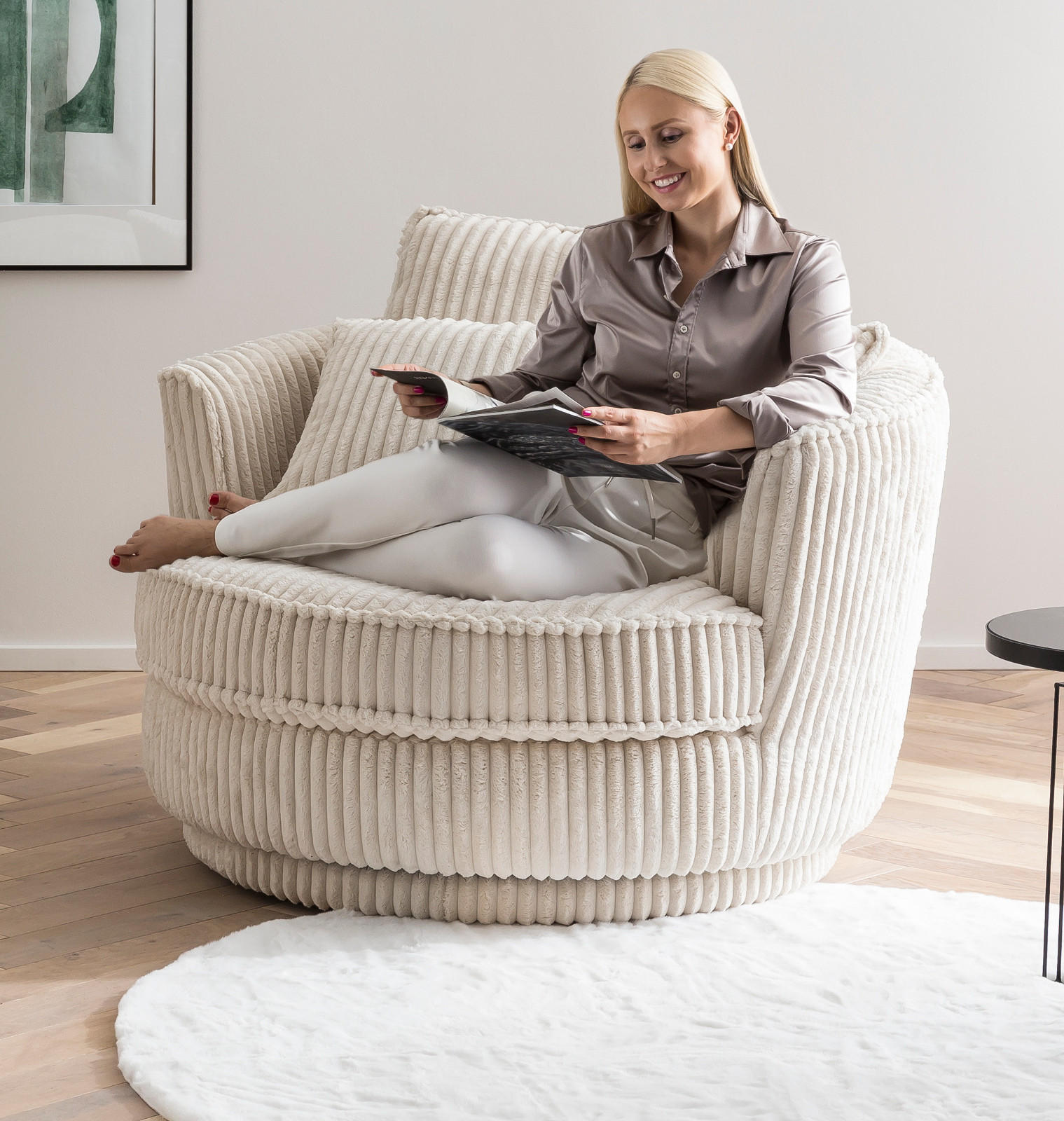 BIG-SESSEL Relaxsessel Mega Cord creme wollweiß Ø 120 cm 360° drehbar, inklusive 3x Kissen - Creme/Weiß, Holzwerkstoff/Textil (120/86/120cm) - Furn.Design