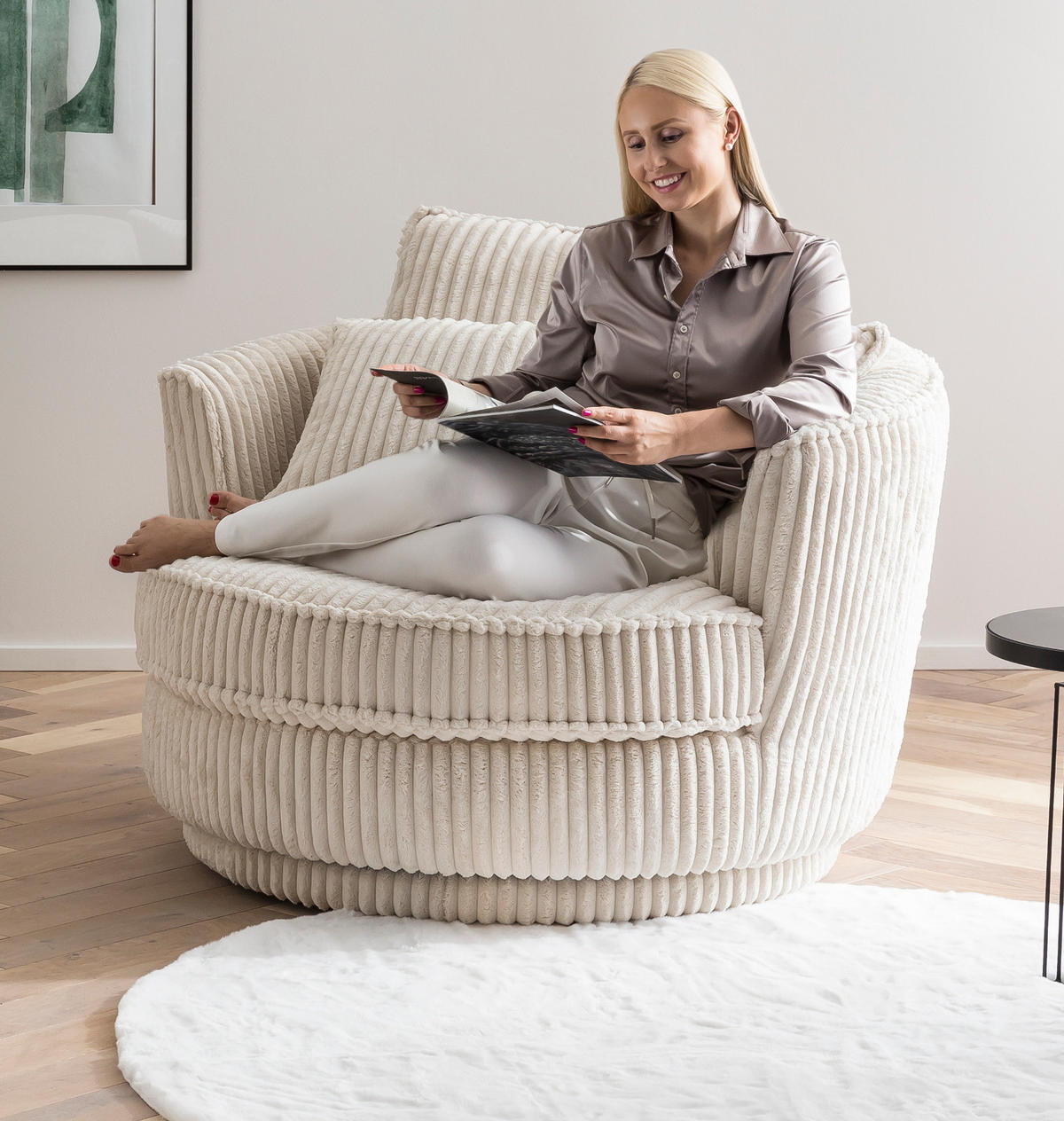 BIG-SESSEL Relaxsessel Mega Cord creme wollweiß Ø 120 cm 360° drehbar, inklusive 3x Kissen - Creme/Weiß, Holzwerkstoff/Textil (120/86/120cm) - Furn.Design