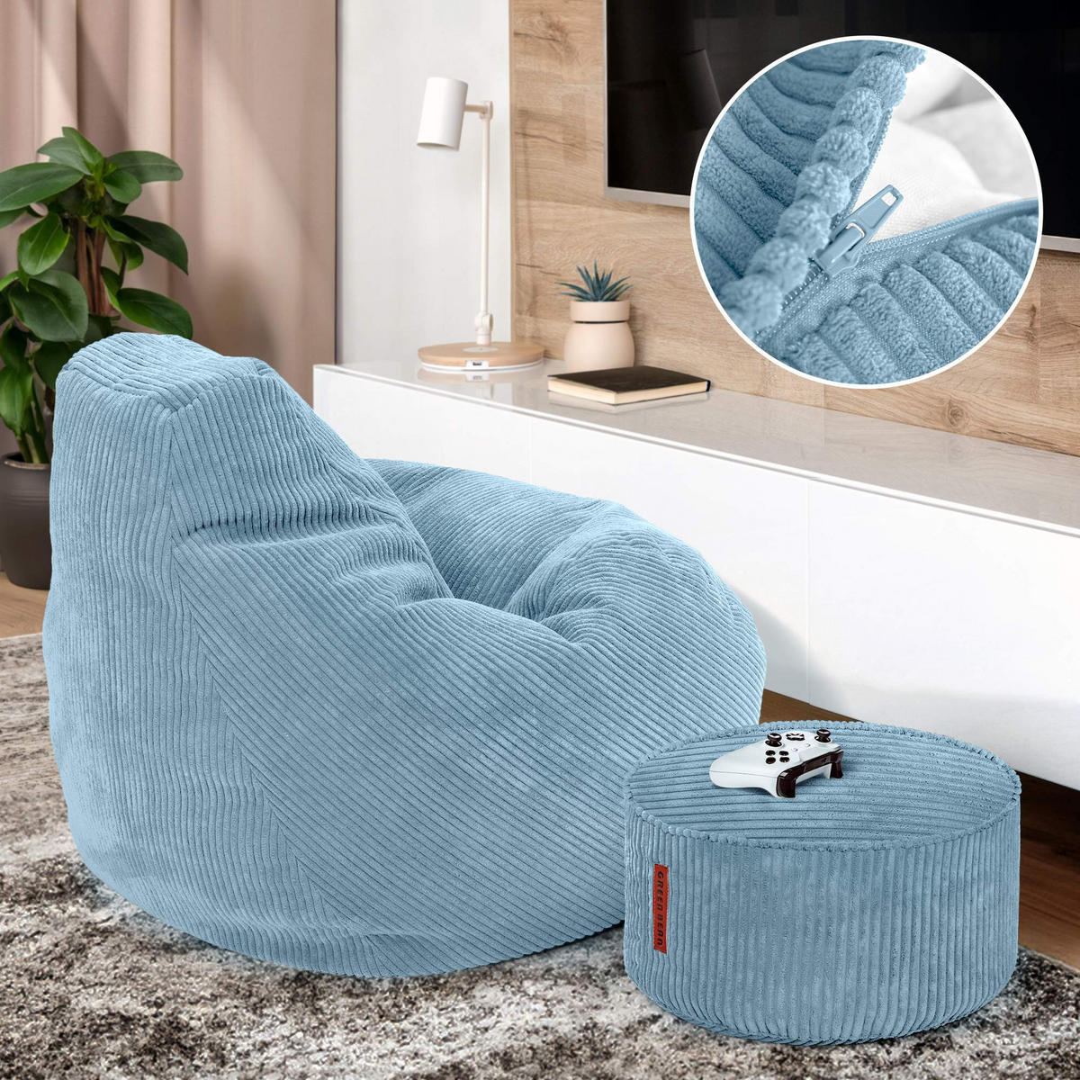 LOUNGE-SITZSACK Cozy + Fußhocker - Hellblau, Textil (80/90/90cm) - Green Bean
