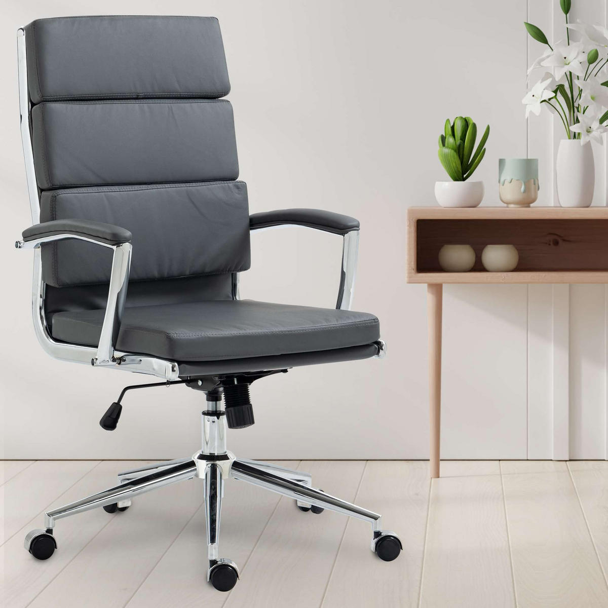 CHEFSESSEL Lederlook grau - Chromfarben/Grau, Textil/Metall (61/107/65cm) - CLP