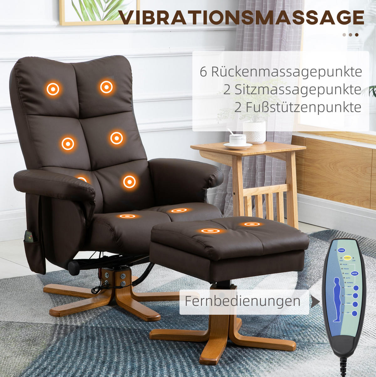 RELAXSESSELSET mit Hocker Braun 80/86/99 cm mit Massagefunktion und 145° Neigung - Braun, Leder (86/99/80cm) - Flora Grace
