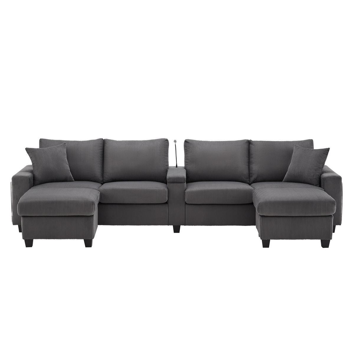 ECKSOFA aus Cord in Grau mit LED-Beleuchtung & smarten USB-Anschlüssen - Grau, Textil (128.5/334cm) - Urban Meuble