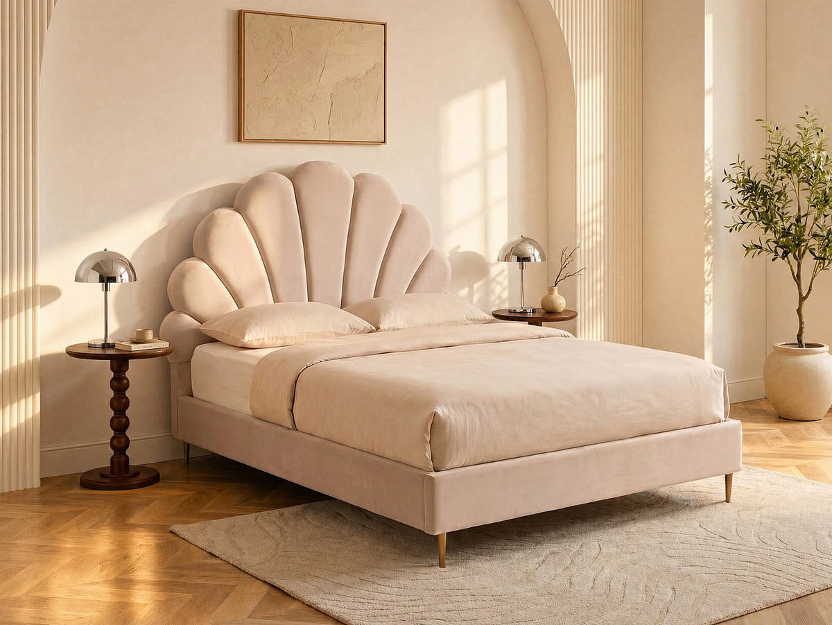 BETTRAHMEN - 2 Personen - samt - beige Livaya - Beige, Textil/Metall (140/190cm) - Vente-Unique