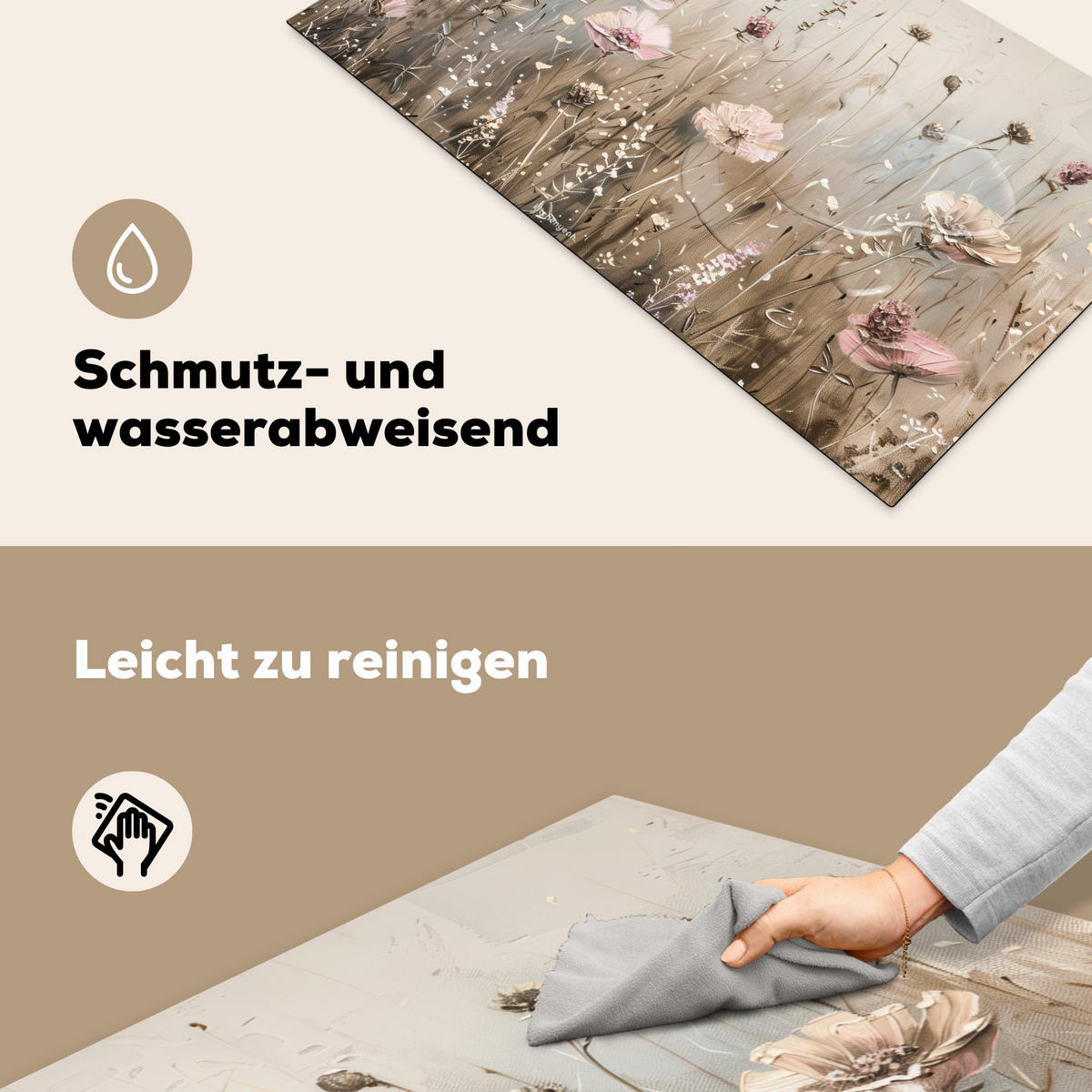 HERDABDECKPLATTE Blumen - Beige - Trockenblumen 89x51 cm - Beige, Kunststoff (89.6/51.6/0.2cm) - MuchoWow