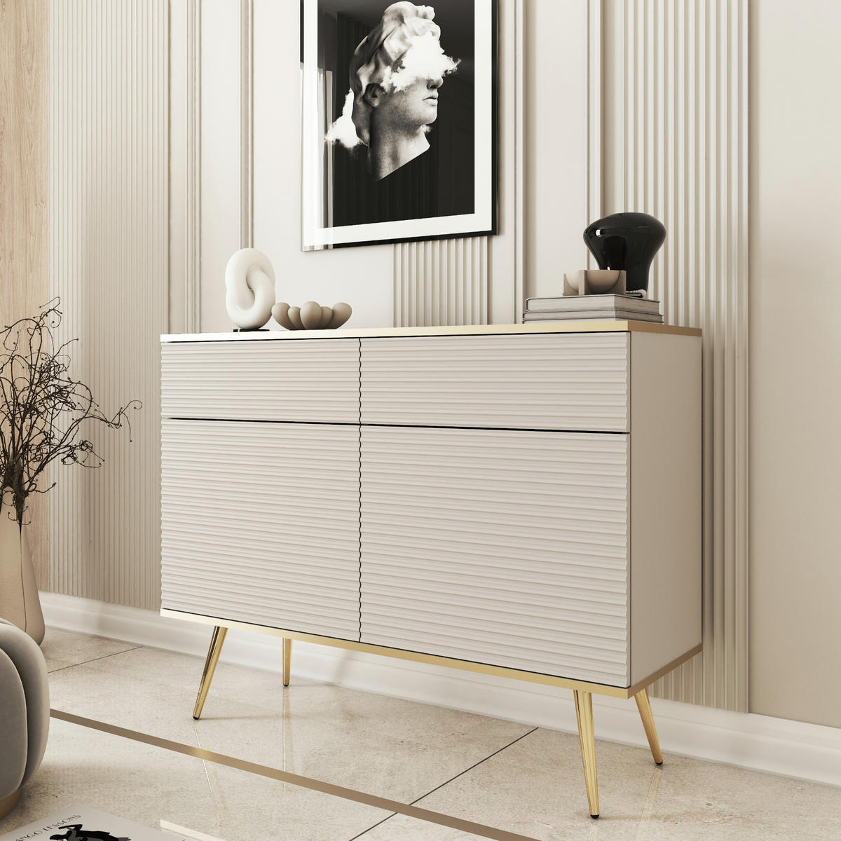 SIDEBOARD BANFF KOM3-2D2S Goldene Metallbeine, geriffelte Fronten, Beige - Beige, Holzwerkstoff/Kunststoff (107/85/39cm) - Komodee