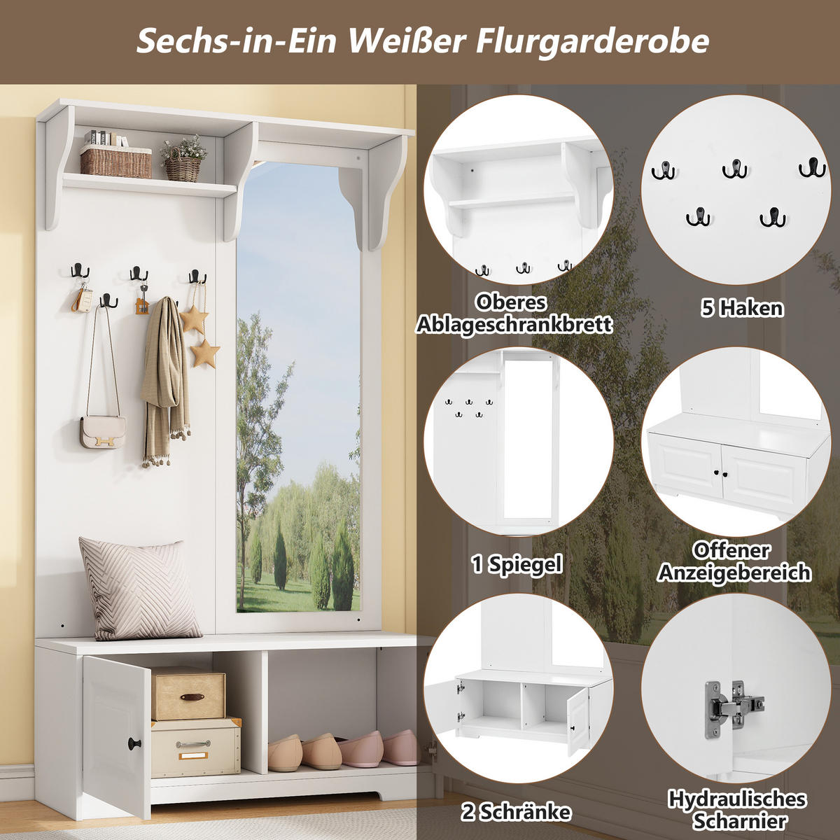 GARDEROBE 100cm Spiegel 5 Haken 2 Schränke Regal Schuhschrank Weiß - Weiß, Holzwerkstoff (40/180/100cm) - FLIEKS