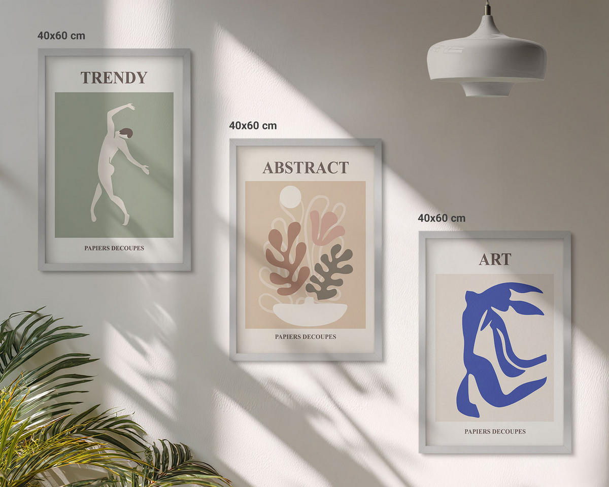 WANDBILDER 3er Set - 40x60 cm Silberner Rahmen - Matisses stilvolle Pflanzenfiguren - Silberfarben, Kunststoff (40/60cm) - ArtPrintCave