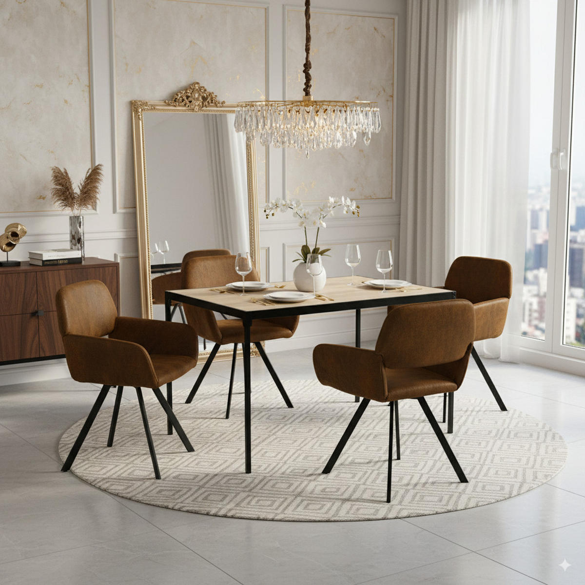ESSZIMMER SET – 1 Tisch + 4 Stühle – Holzoptik & Wildleder - Braun, Holzwerkstoff/Metall (120/75/80cm) - Urban Meuble