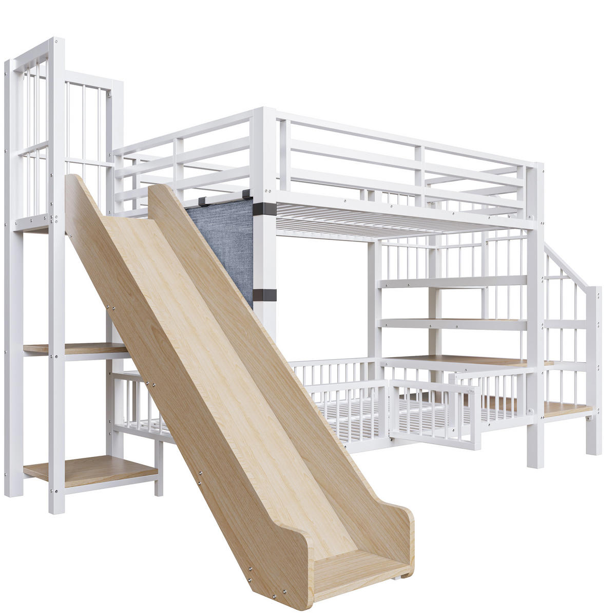 VYSOKÁ posteľ 90/200 cm biela z MDF a kovu so šmykľavkou, úložnými schodmi a policami - biela, kompozitné drevo (90/200cm) - OKWISH