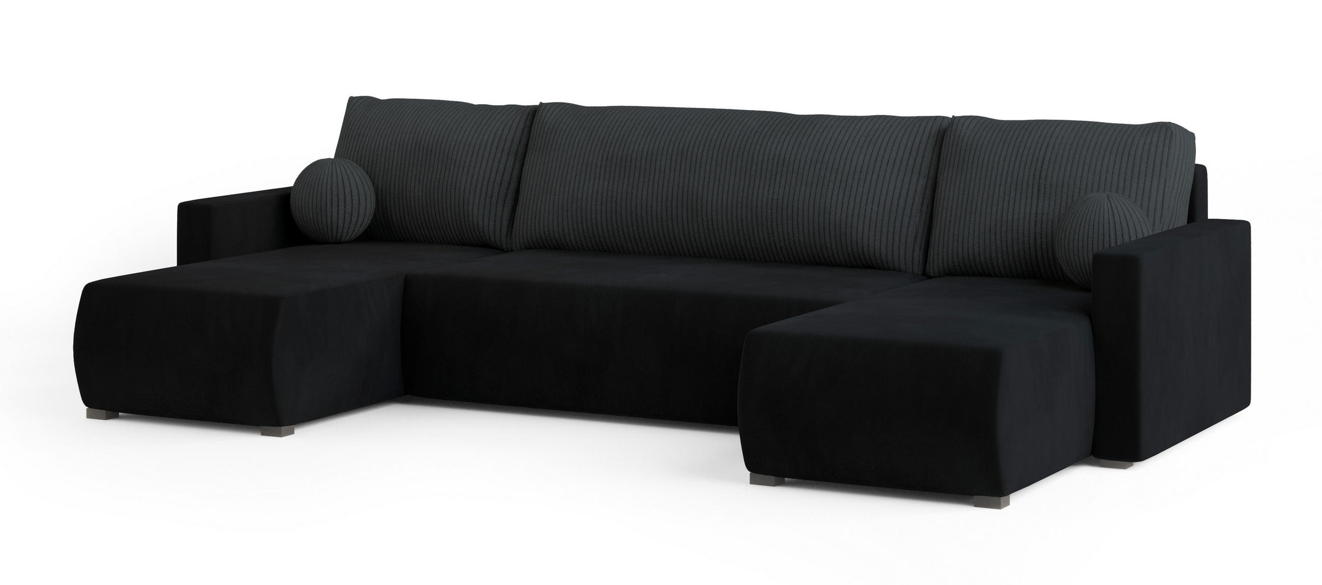WOHNLANDSCHAFT TESSUN Schwarz Plüsch-Stoff mit Schlaffunktion - Schwarz, Holz (286/85/143cm) - MASSENO