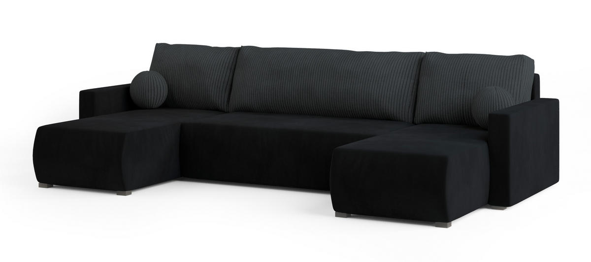 WOHNLANDSCHAFT TESSUN Schwarz Plüsch-Stoff mit Schlaffunktion - Schwarz, Holz (286/85/143cm) - MASSENO