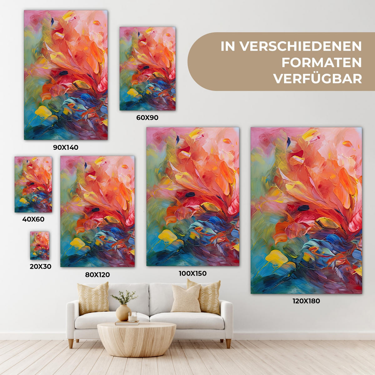 LEINWANDBILD Ölgemälde - Kunst - Abstrakt - Farbenfroh 80x120 cm - Altrosa, Textil (80/120cm) - MuchoWow