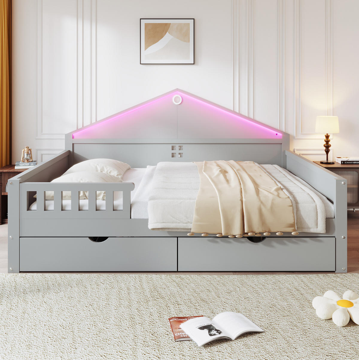 BETT mit LED-Beleuchtung und 2 Schubladen 140x200 cm Grau - Grau, Holzwerkstoff (140/200cm) - Beauniv