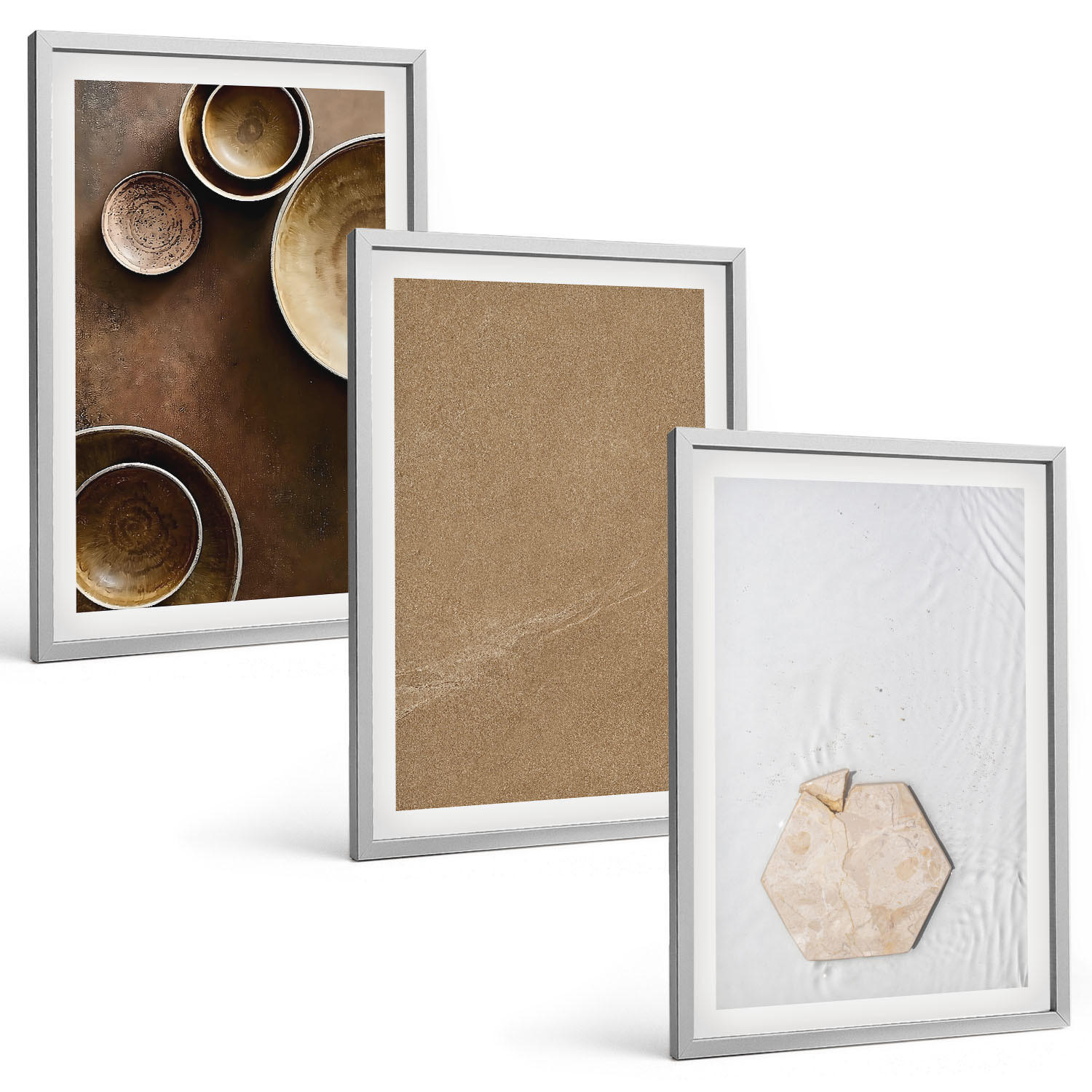 BILDER SET 3er Set - 40x60 cm Silberner Rahmen - Minimalistische Texturen und Farben - Silberfarben, Kunststoff (40/60cm) - TULUP