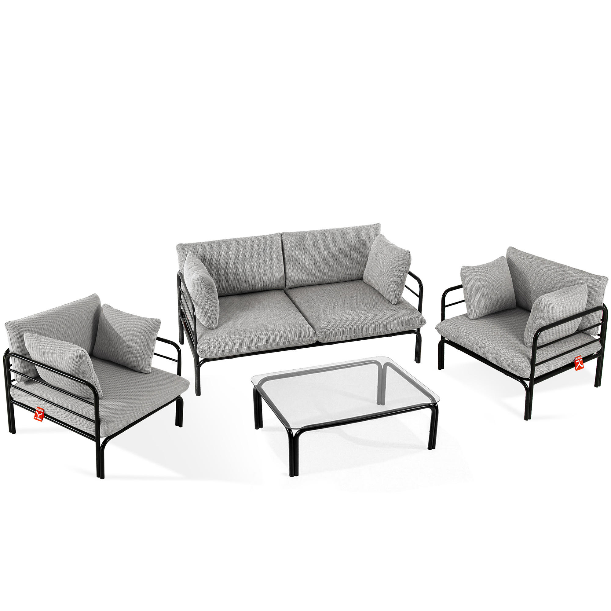 GARTENMÖBELSET RAMBE 4-tlg. 1x Tisch 2x Sessel 1x Sofa 2-Sitzer, mit Kissen, LOFT-STIL, Anthrazit - Dunkelgrau/Anthrazit, Glas/Textil - KONSIMO®