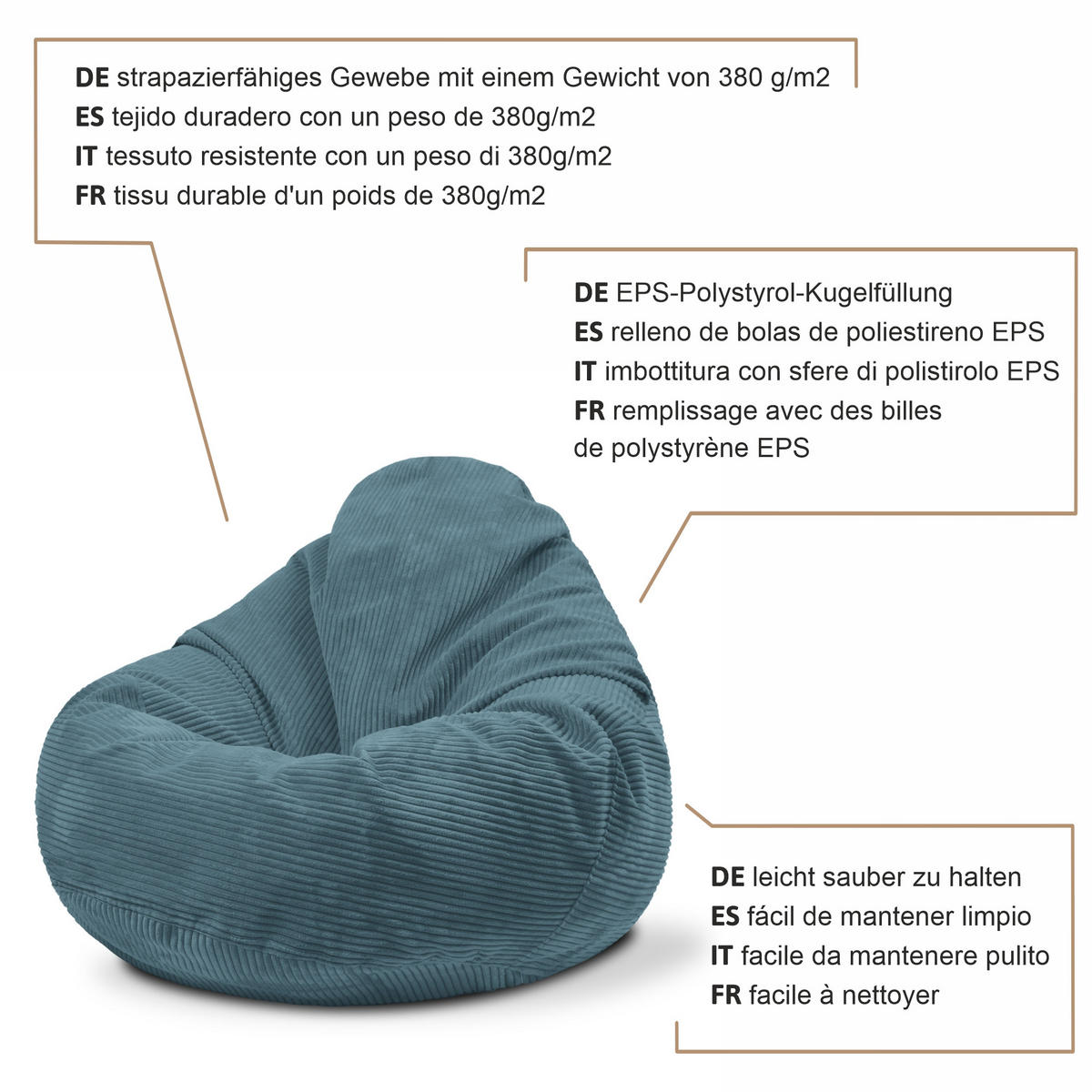 SITZSACK PARADISE MIT FUßSTÜTZE Kordsamt 2-tlg Ocean Depths S - Blau/Dunkelblau, Textil (70/70/70cm) - Dreamroots