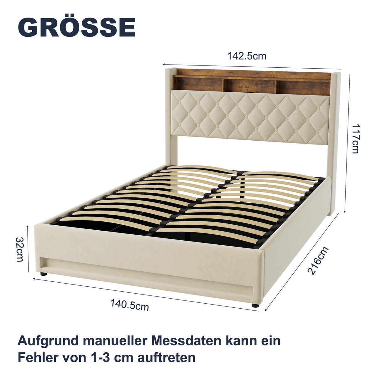 POLSTERBETT 140/200 cm in Beige Samt mit Bettkasten, LED-Beleuchtung und USB-Anschluss - Beige, Holzwerkstoff/Textil (140/200cm) - CHICFURN