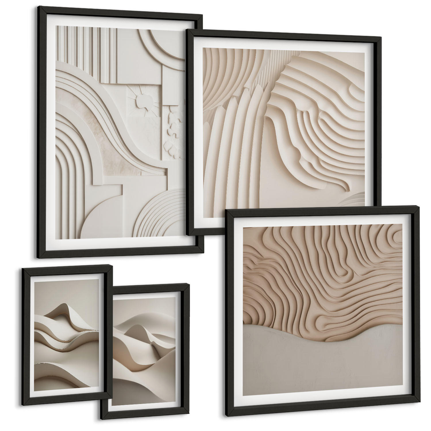 BILDER SET 5er Set - 50x50 cm & 20x30 cm & 40x60 cm Schwarzer Rahmen - Abstrakte beige Wellen - Schwarz, Kunststoff (40/60cm) - TULUP