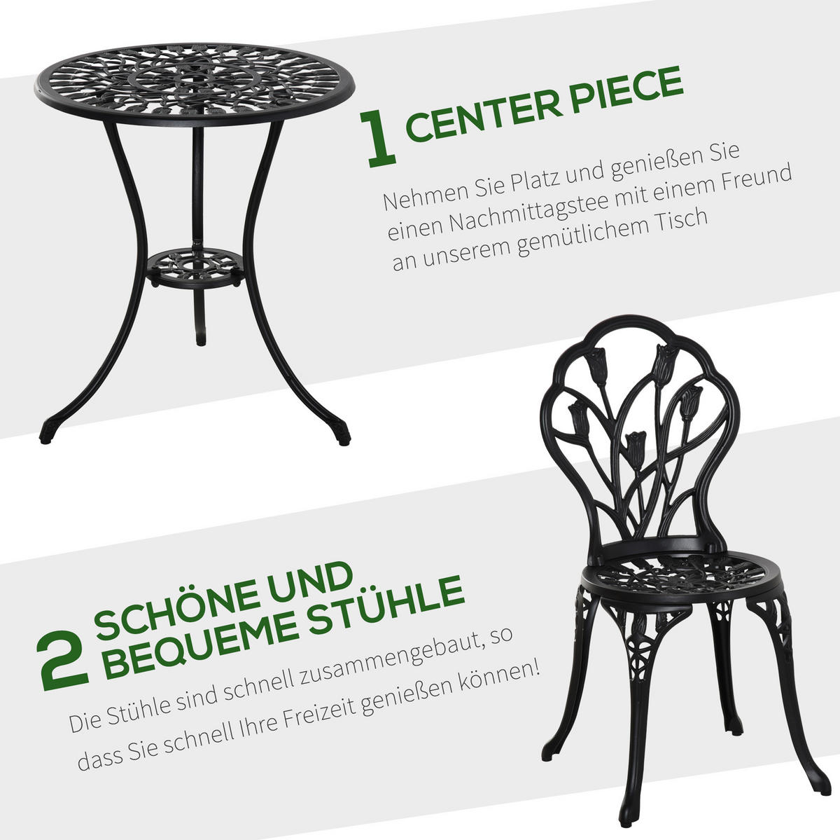 BISTROSET Ø60/67 cm mit 2 Klappstühlen, Schirmloch und verstellbaren Fußpads, Schwarz - Schwarz, Metall - Redom