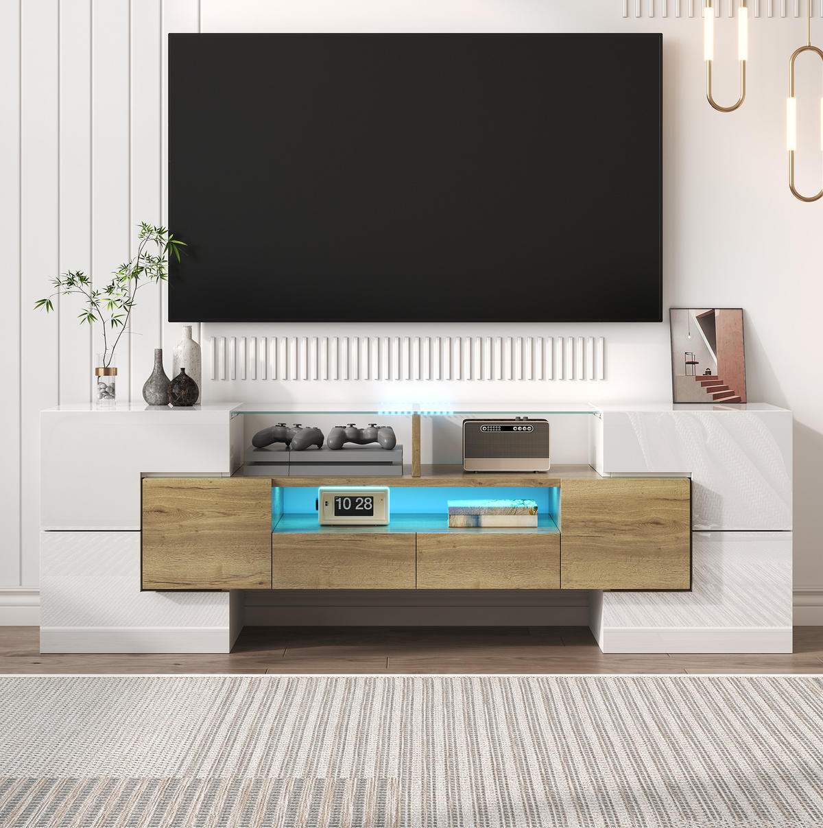LOWBOARD 145/30/51 cm aus Holzwerkstoff mit LED-Beleuchtung Weiß/Gold - Weiß, Holzwerkstoff (145/51/30cm) - Modenvie