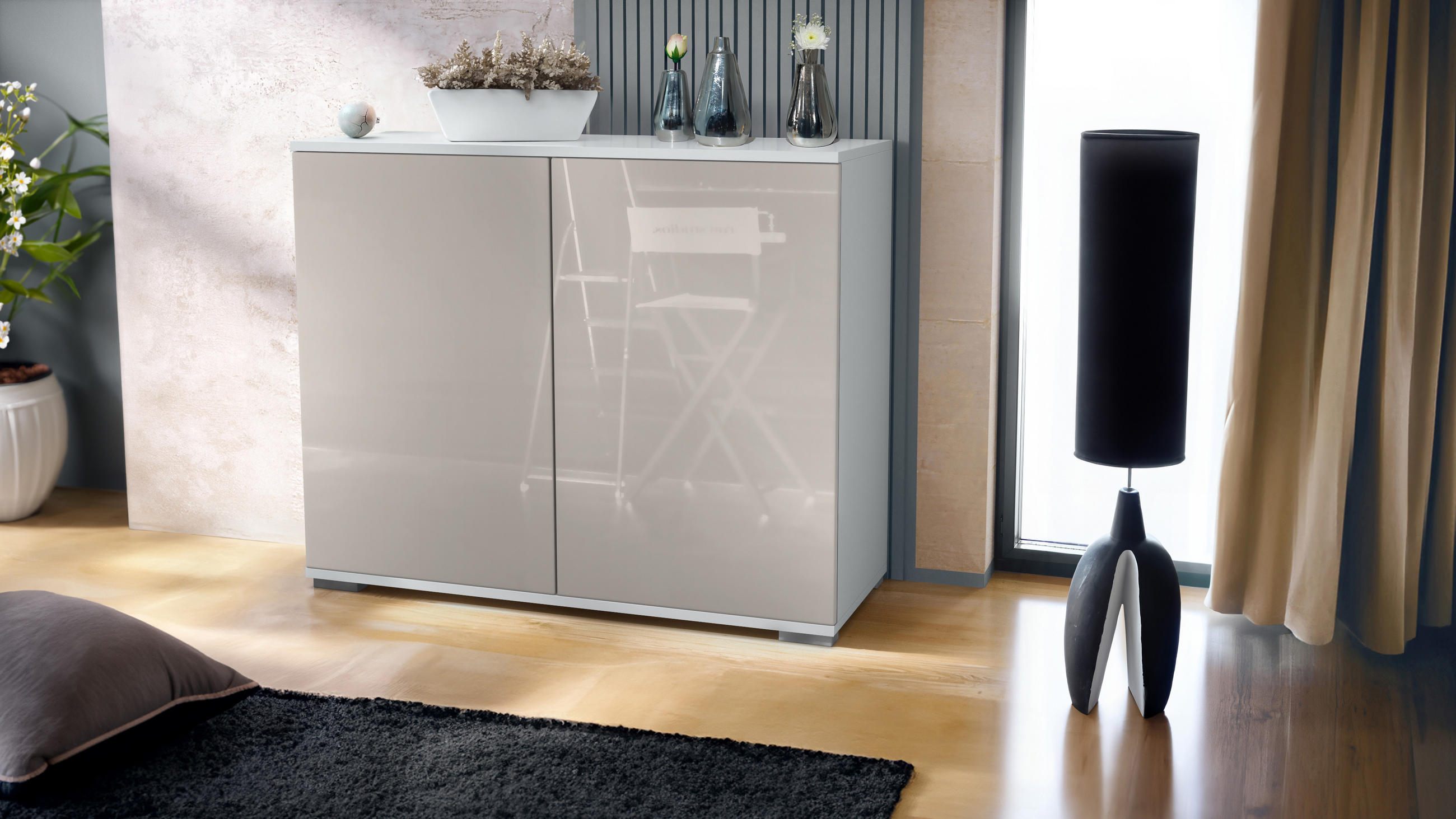 KOMMODE Skadu Sandgrau Hochglanz - Sandfarben, Holzwerkstoff (92.5/75.5/35cm) - Vladon