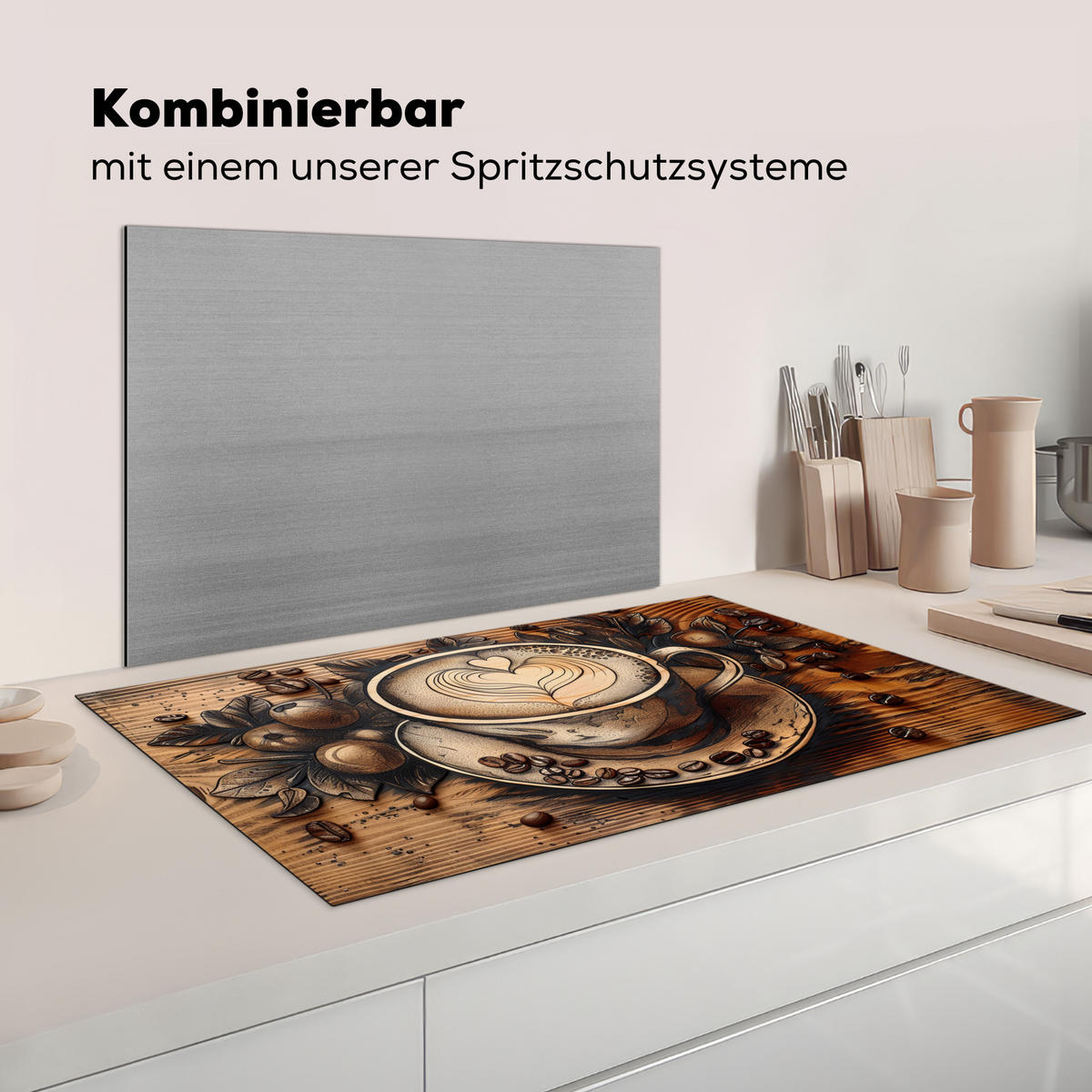 KRYT NA INDUKČNÍ DESKU Káva - Vintage - hnědá - šálek - dřevo 91.6x52.7 cm - kapučínová, plast (91.6/52.7/0.2cm) - MuchoWow