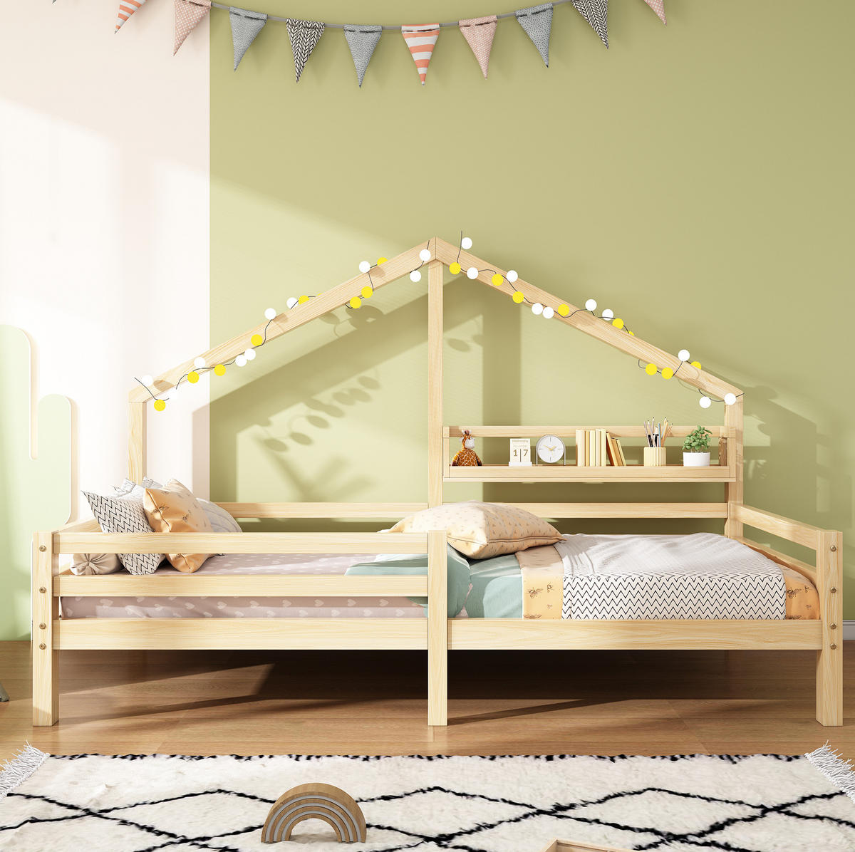 HAUSBETT 90/200 cm Natur aus Kiefernholz mit Ablageregal - Naturfarben, Holzwerkstoff (90/200cm) - OKMYHOME