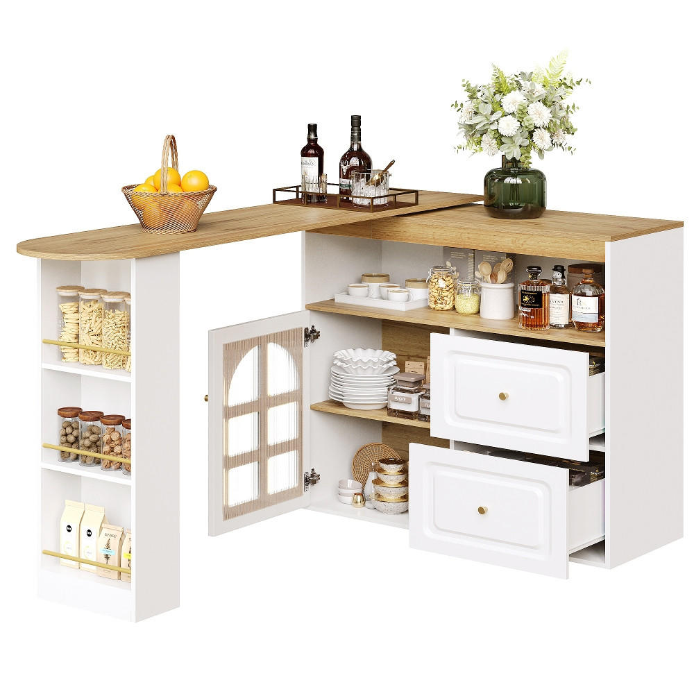 KÜCHENINSEL DREHBARE ESSBAR Ausziehbarer Stehtisch, MDF/Glas, Weiß, Wohnzimmer/Esszimmer, 138-204/39/104 cm - Weiß, Kunststoff (39/104/138cm) - Rolipo